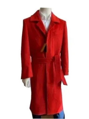 Mens Red Wool Belted Overcoat Long Coat Full Length Belt-Coat IS