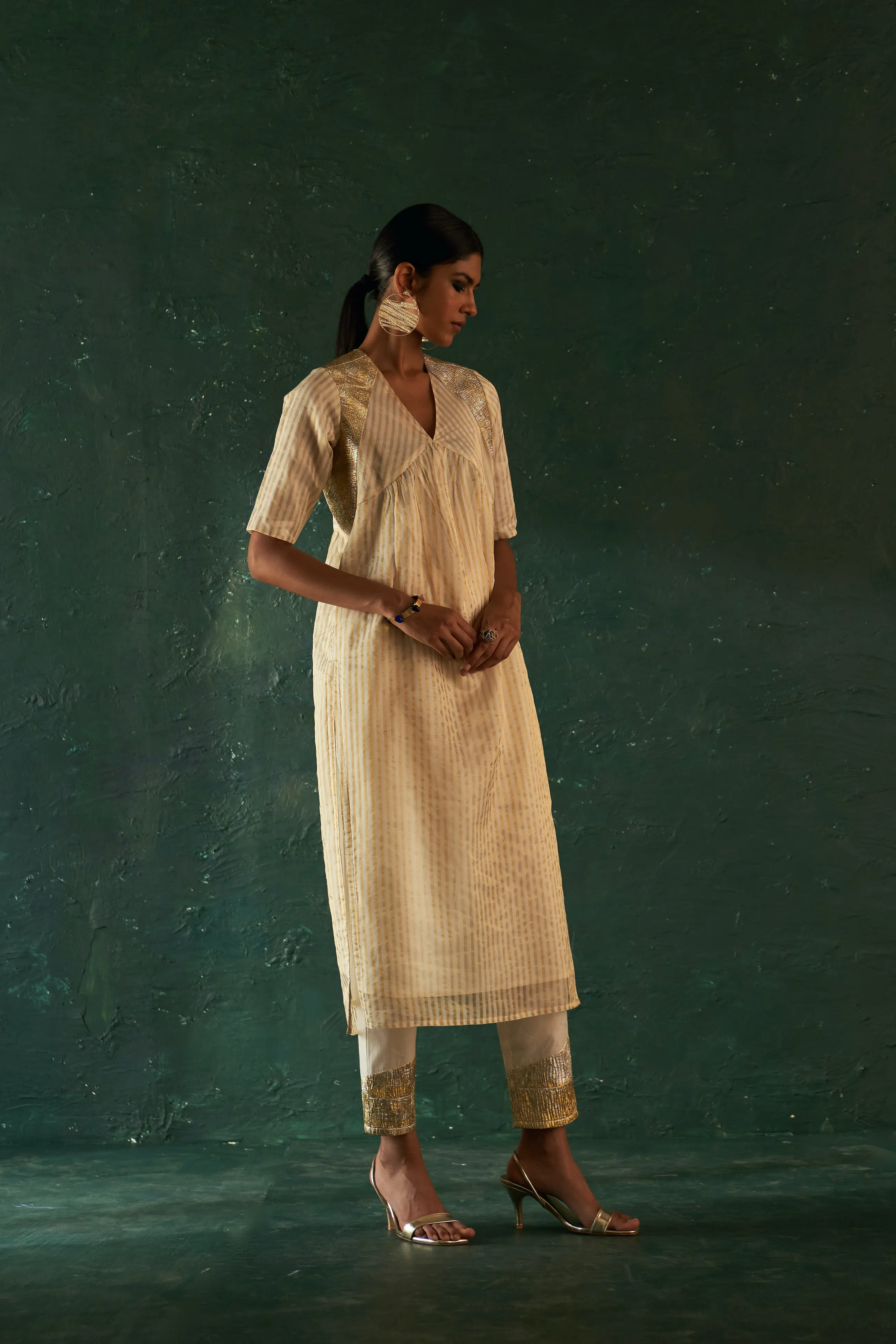 Midas Ivory Tissue Stripe Kurta - Set of 3