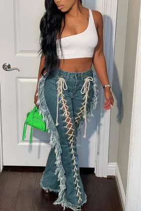 PB855 Side Fringe Lace Up Jeans