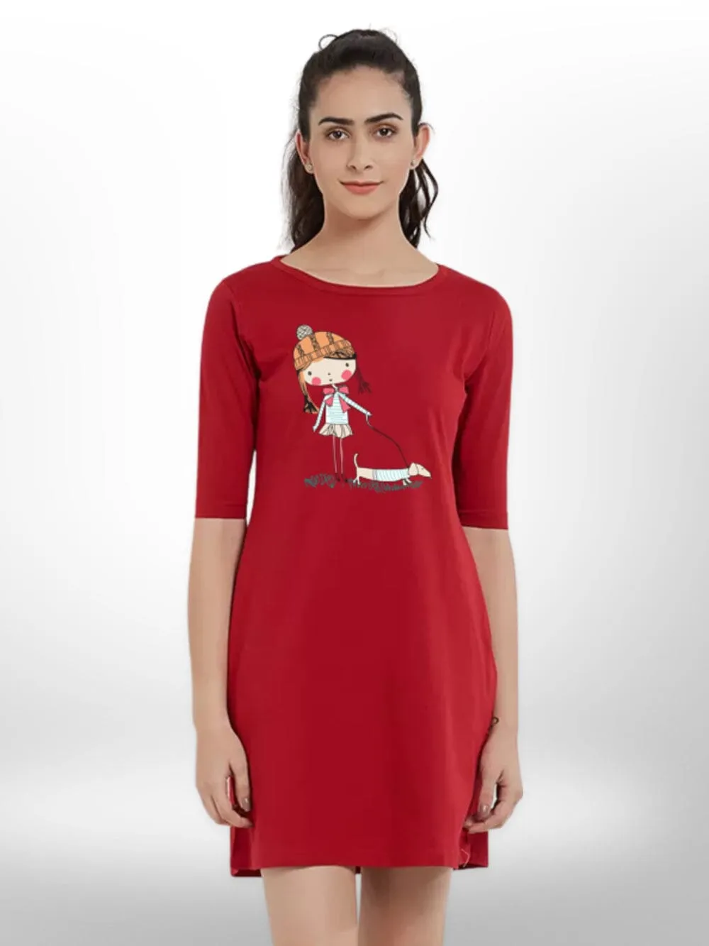PET WITH CUTE GIRL PRINTED THREE QUARTER SLEEVE T-SHIRT SIDE POCKET FOR WOMEN'S
