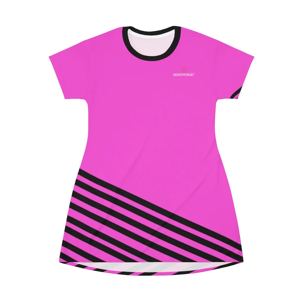 Pink Black Striped T-Shirt Dress, Diagonally Striped Pink Black Tee Shirt Dress For Women- Made in USA (US Size: XS-2XL)