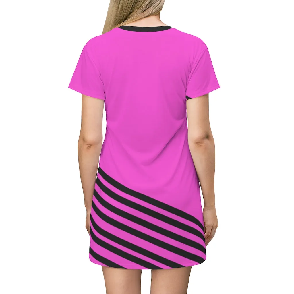 Pink Black Striped T-Shirt Dress, Diagonally Striped Pink Black Tee Shirt Dress For Women- Made in USA (US Size: XS-2XL)