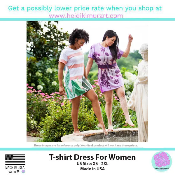 Pink Black Striped T-Shirt Dress, Diagonally Striped Pink Black Tee Shirt Dress For Women- Made in USA (US Size: XS-2XL)