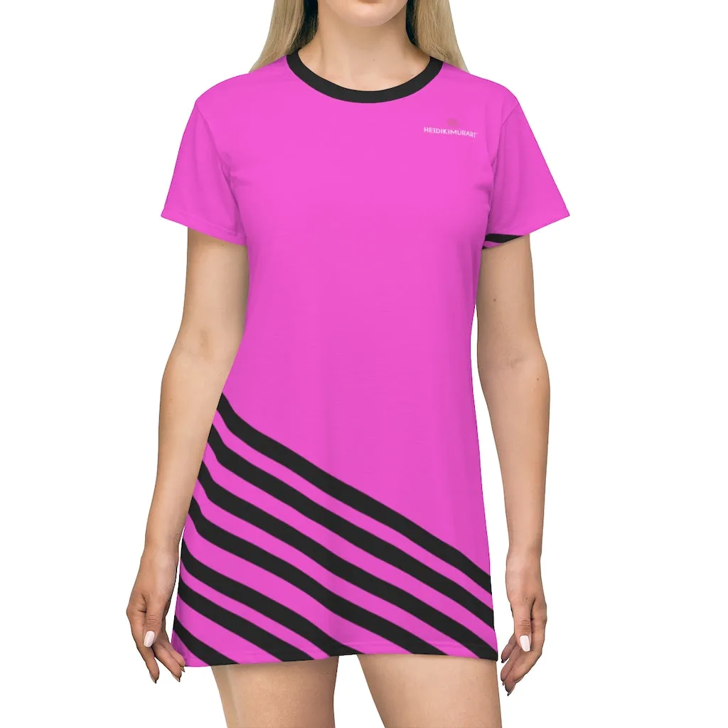 Pink Black Striped T-Shirt Dress, Diagonally Striped Pink Black Tee Shirt Dress For Women- Made in USA (US Size: XS-2XL)