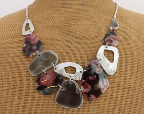 Pink Floral Acrylic & & Silver Tone Collar Necklace