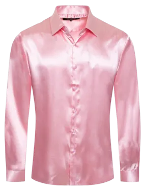 Pink Men's Shiny Satin Silk Dress Shirt Long Sleeve Casual Slim Fit