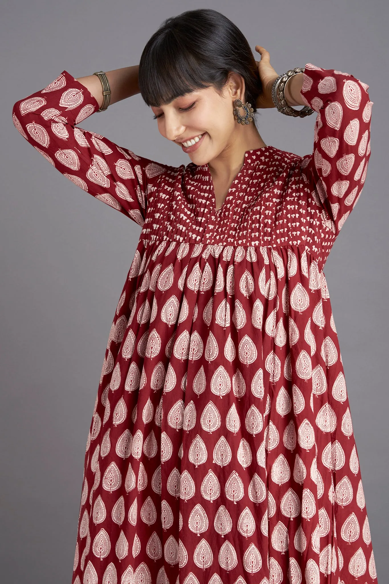 pintuck collar anarkali - opulent madder & flamboyant foliage