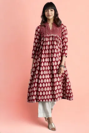 pintuck collar anarkali - opulent madder & flamboyant foliage