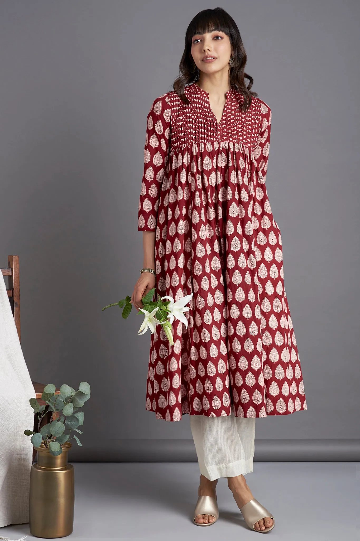 pintuck collar anarkali - opulent madder & flamboyant foliage