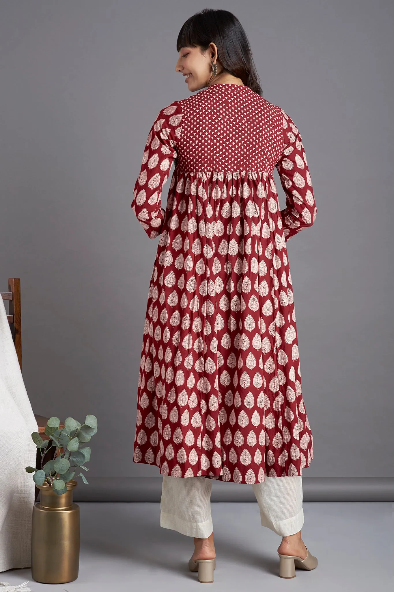 pintuck collar anarkali - opulent madder & flamboyant foliage