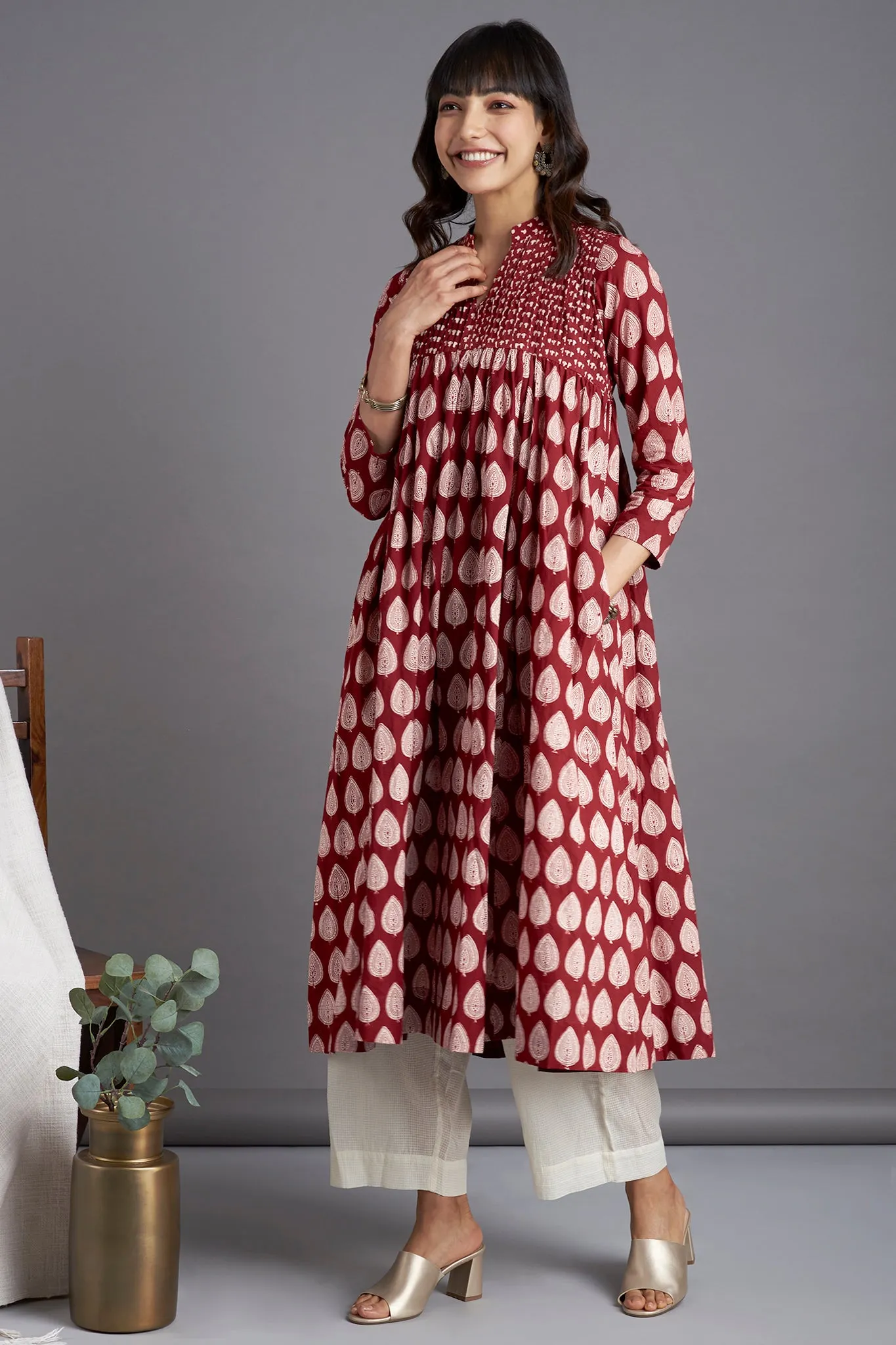 pintuck collar anarkali - opulent madder & flamboyant foliage