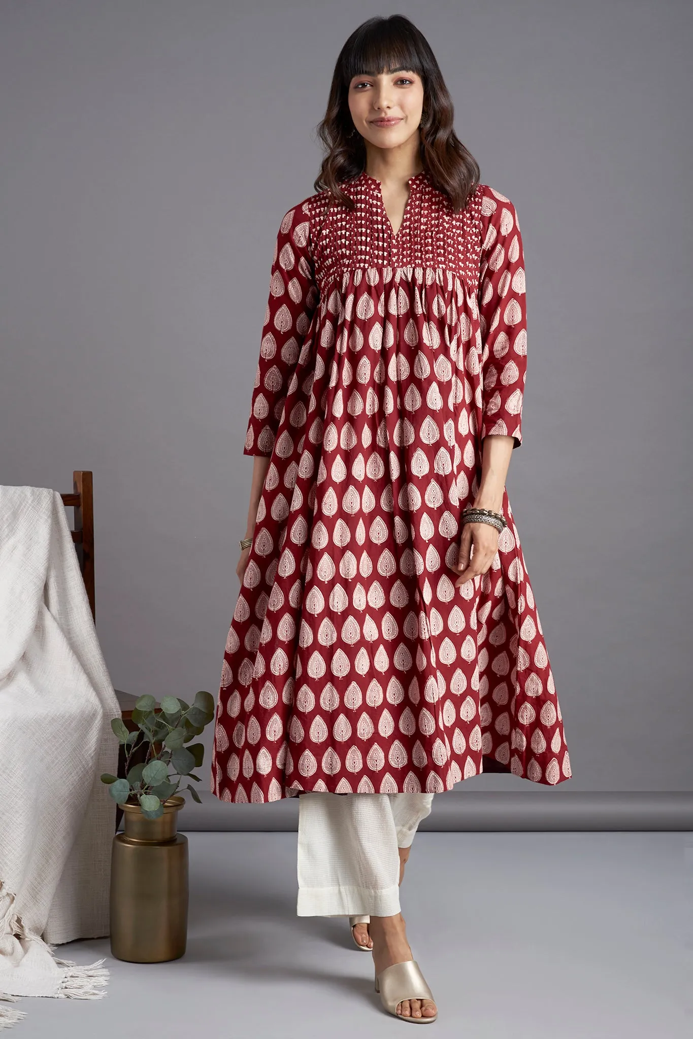 pintuck collar anarkali - opulent madder & flamboyant foliage