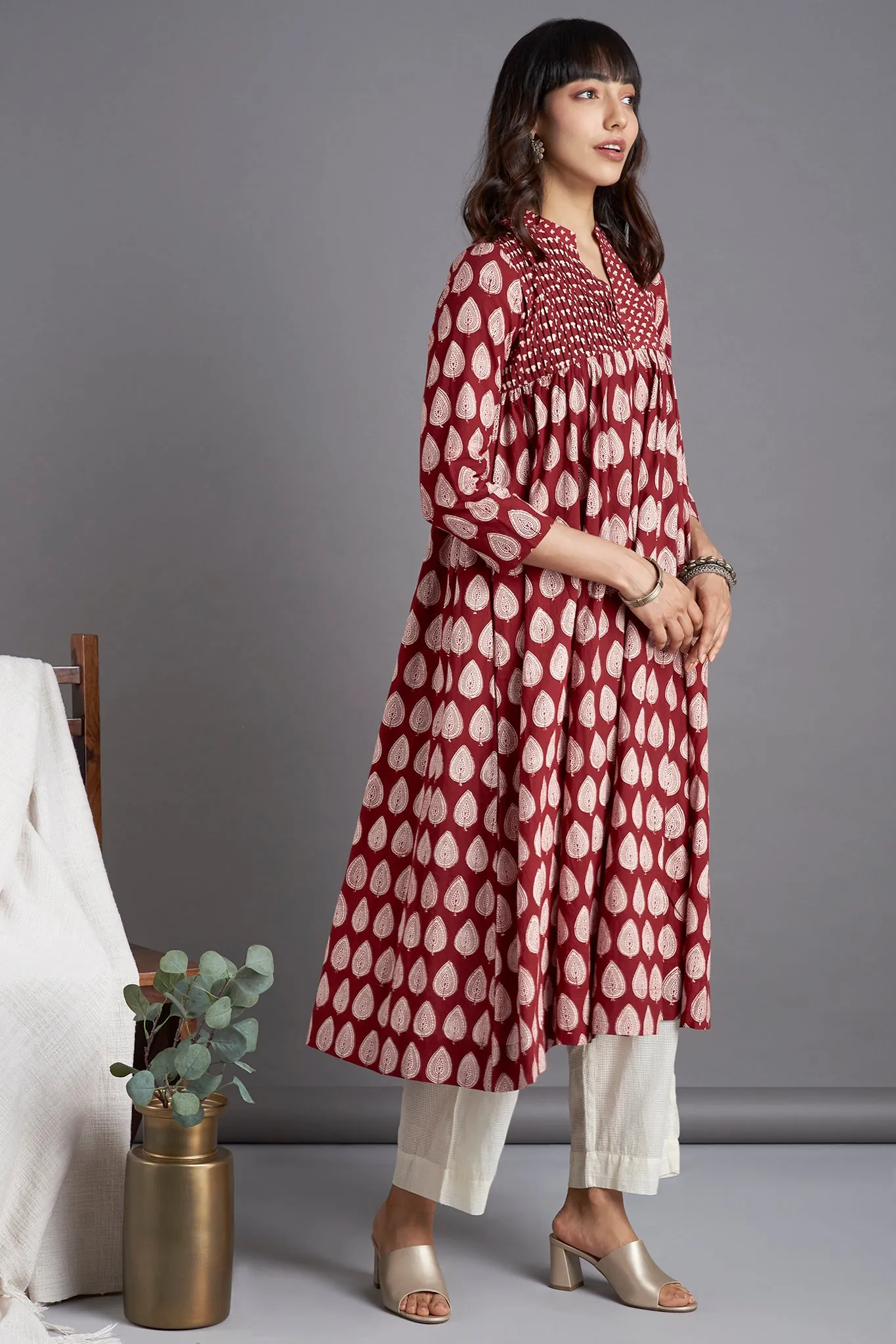 pintuck collar anarkali - opulent madder & flamboyant foliage