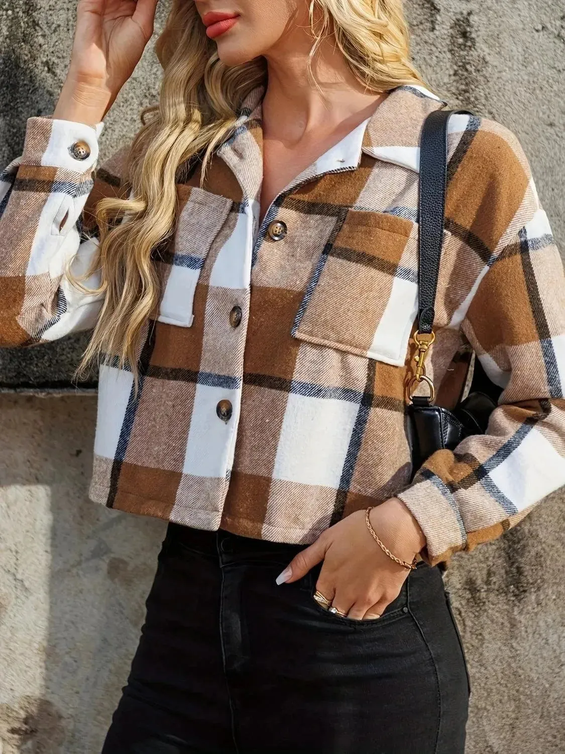 Plaid Cropped Jacket with Collared Neckline