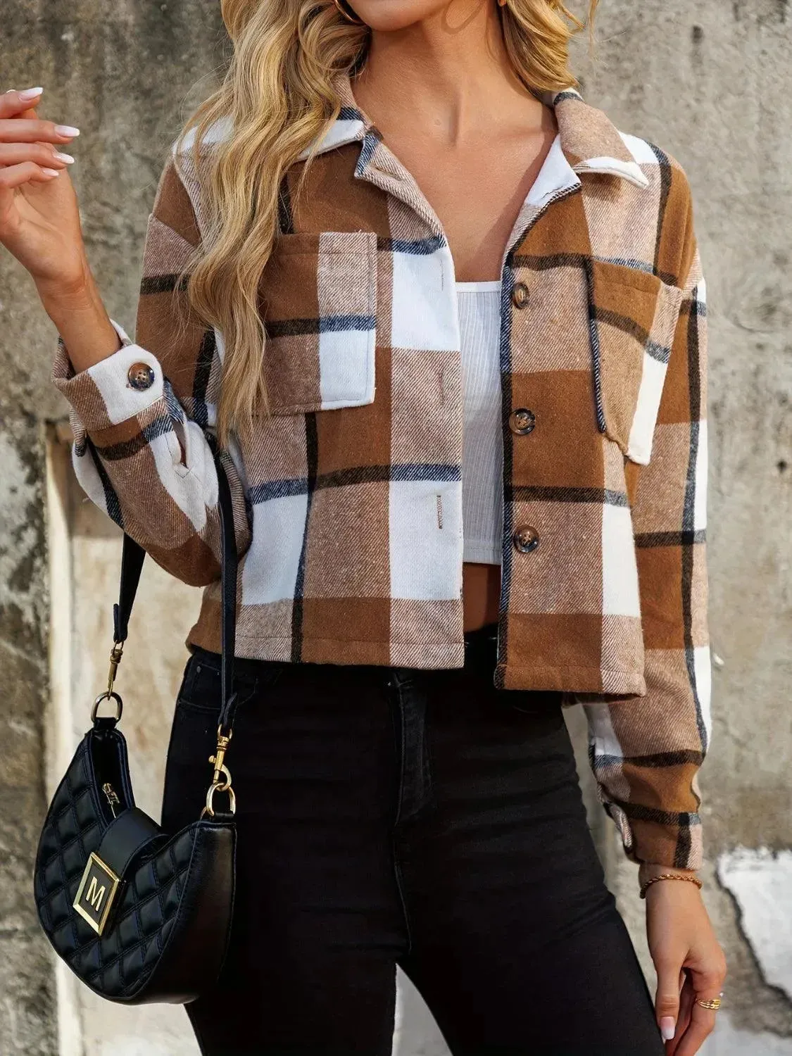Plaid Cropped Jacket with Collared Neckline