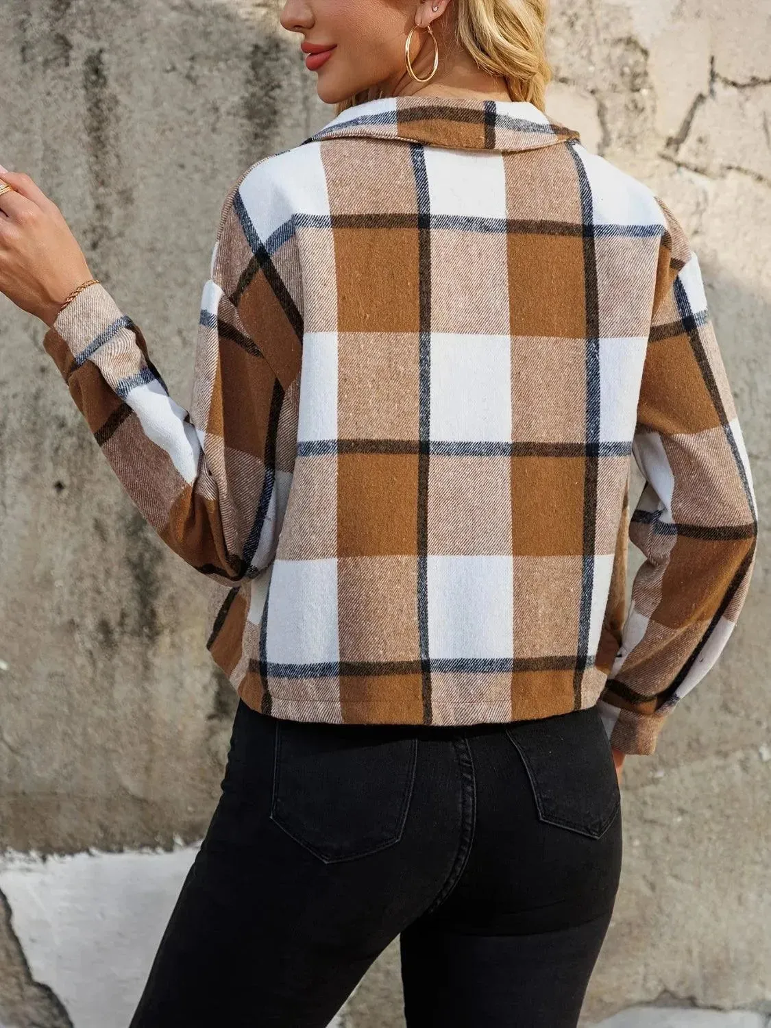 Plaid Cropped Jacket with Collared Neckline