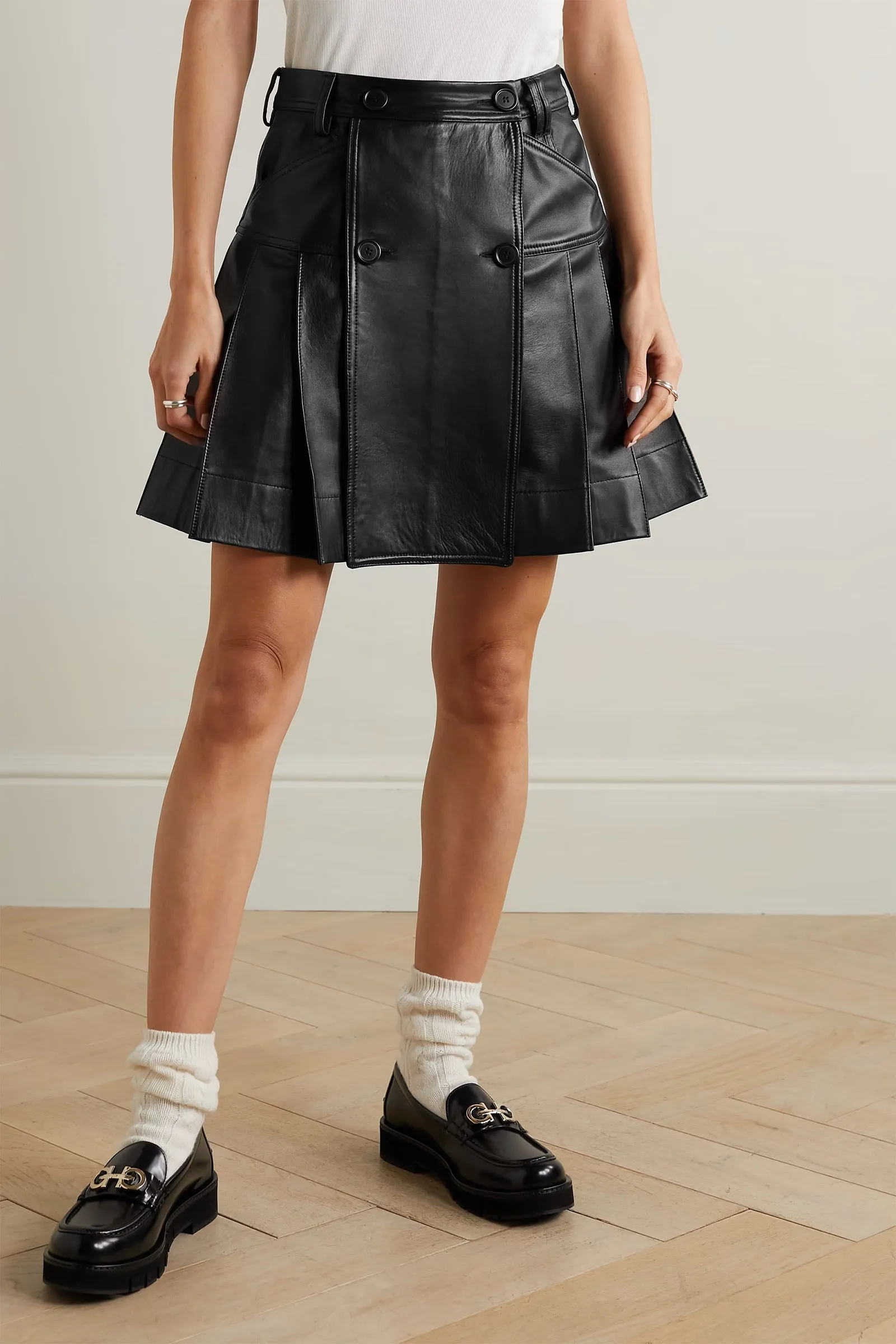 Pleated Leather Mini Skirt