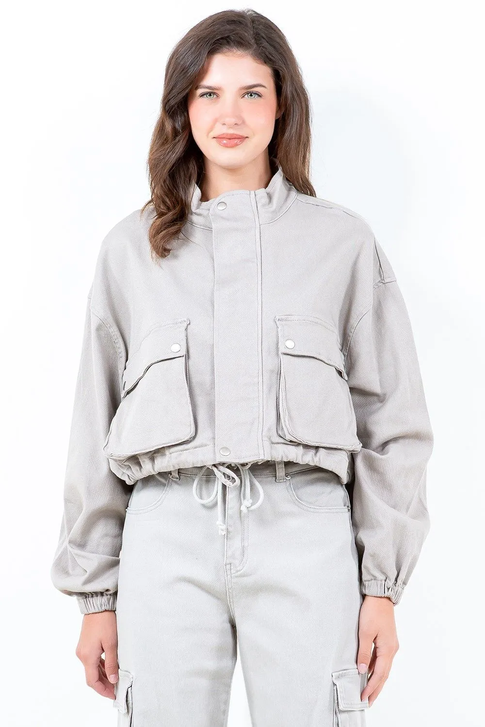 Plus Size Cropped Cargo Jacket With Pockets
