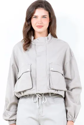 Plus Size Cropped Cargo Jacket With Pockets