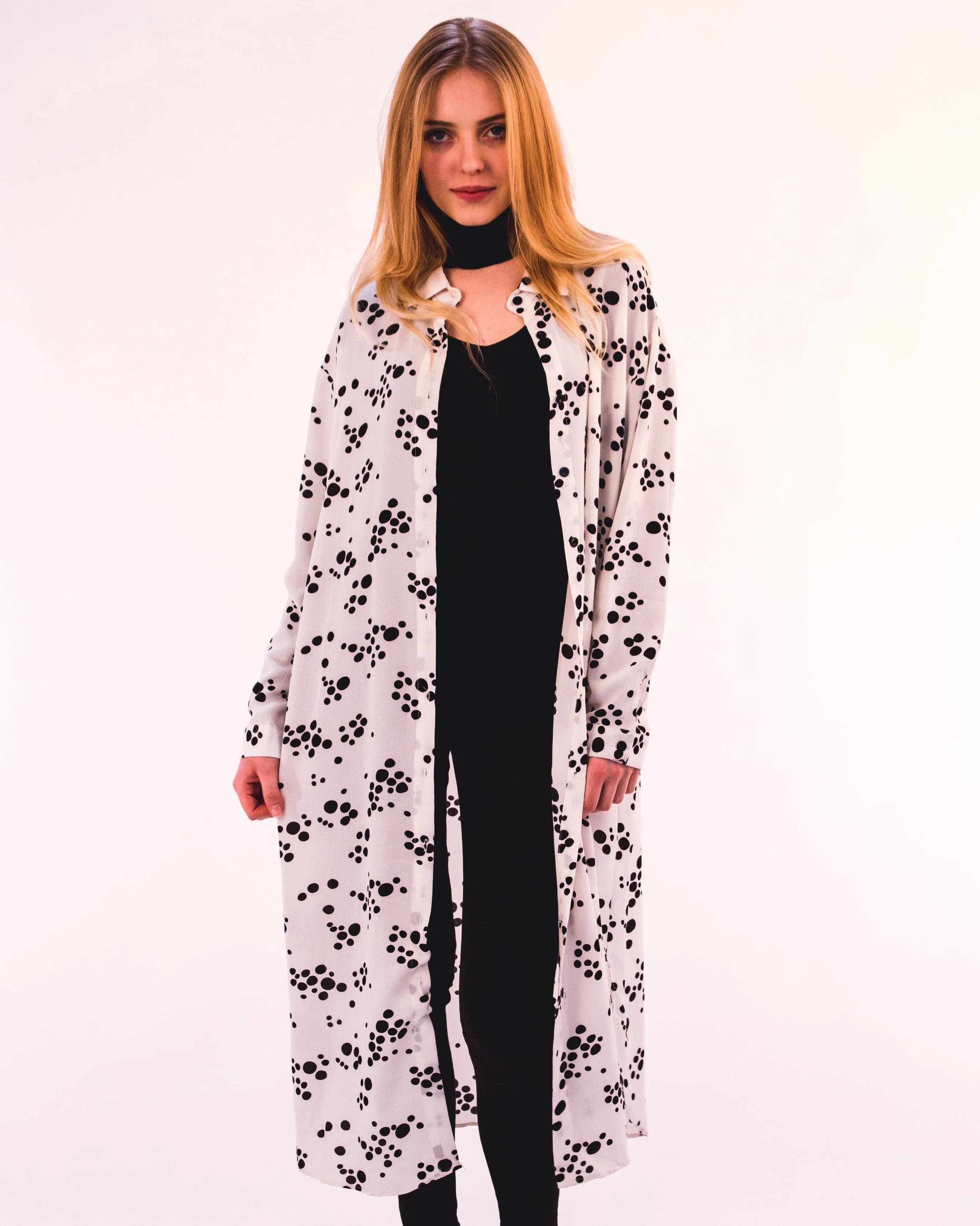 Polka dot print long Shirt Dress (WHITE)