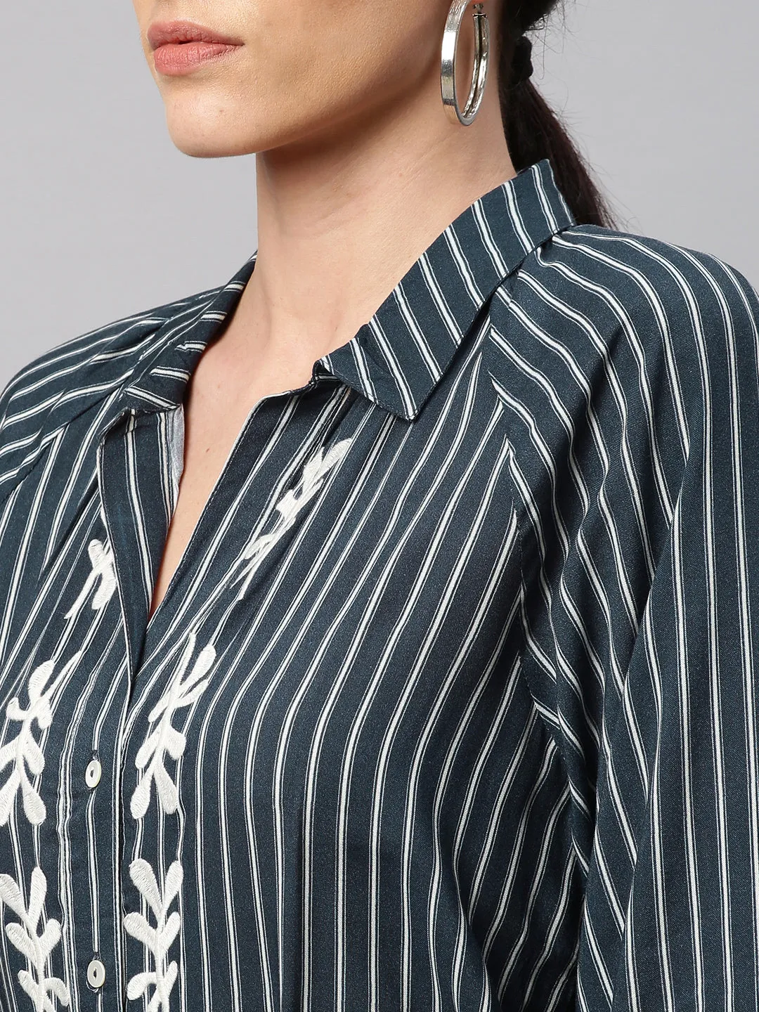 Printed Stripe Rayon Embroidered Raglan Sleeve Shirt Dress