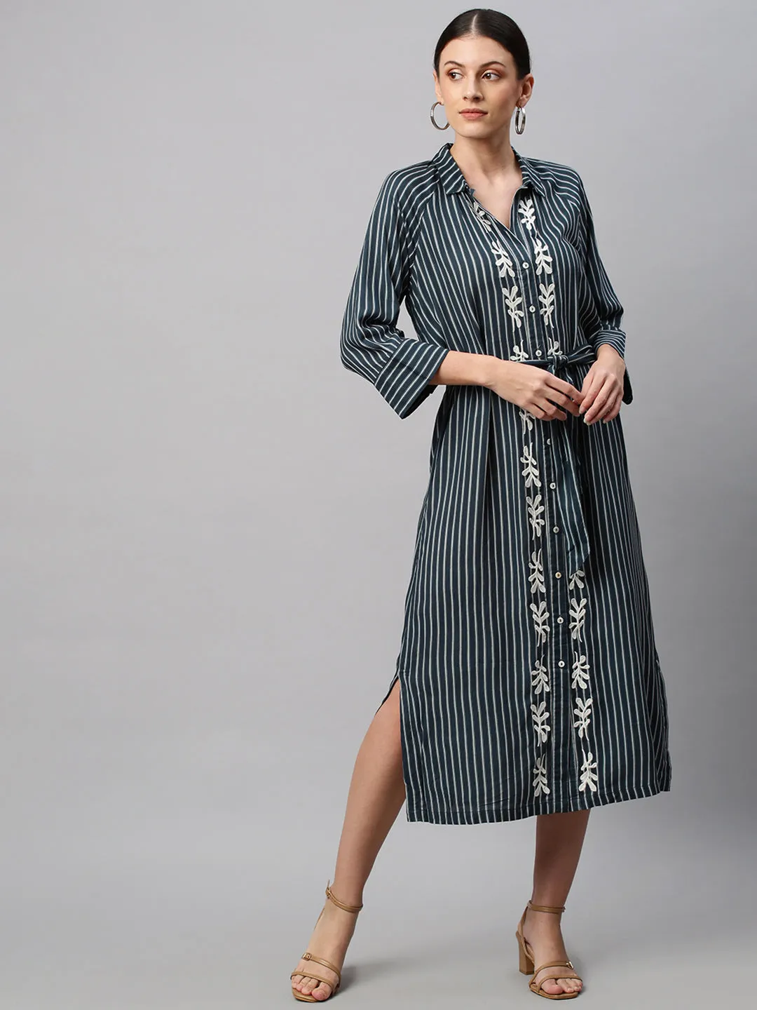 Printed Stripe Rayon Embroidered Raglan Sleeve Shirt Dress