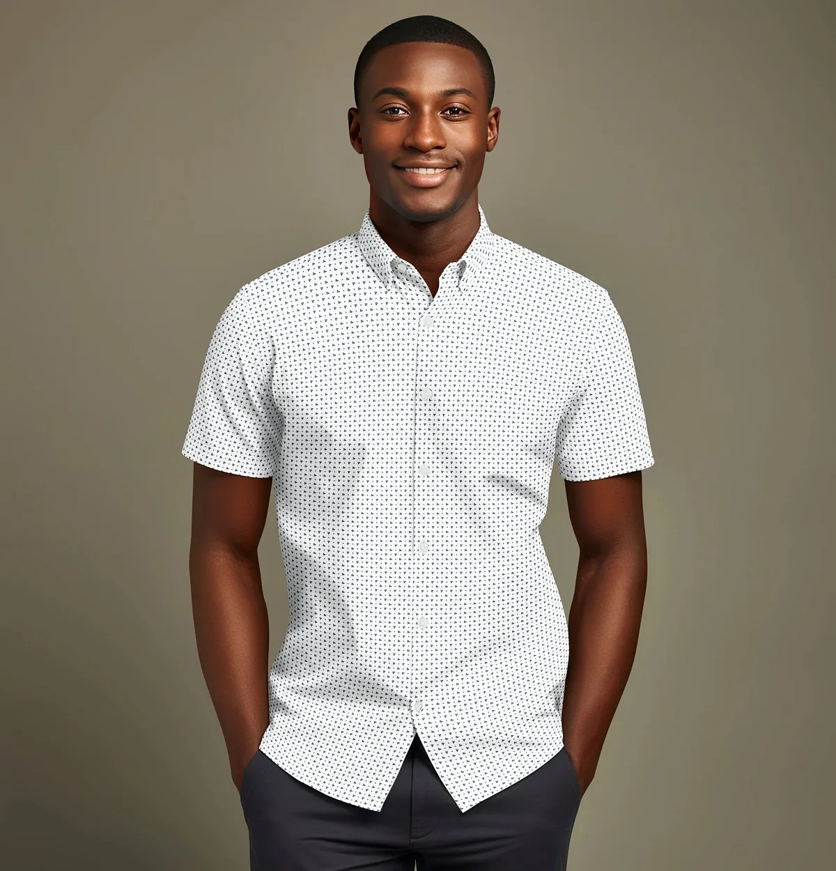 Pure Cotton - Semi-Spread Collar - Short Sleeve - White Pyramids
