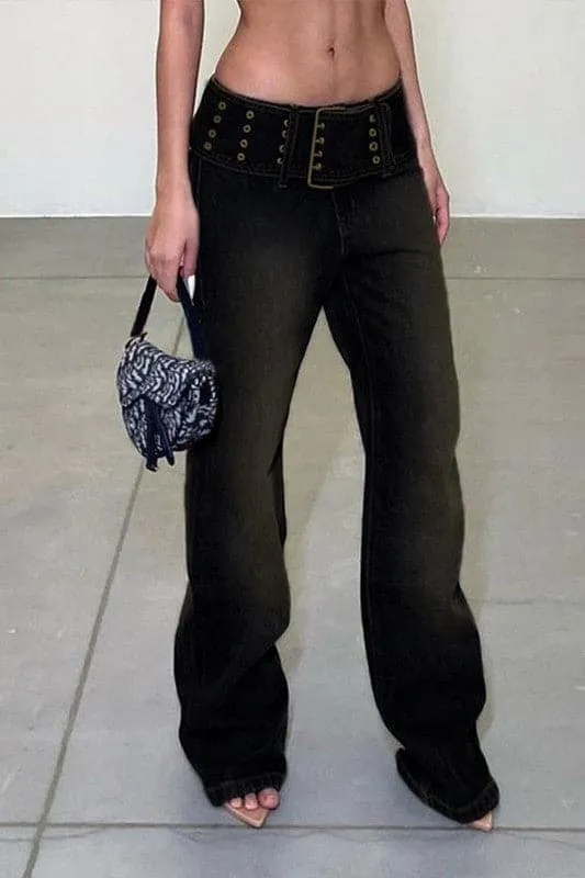 PZ817 Low Waist Big Belt Jeans