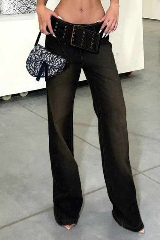 PZ817 Low Waist Big Belt Jeans