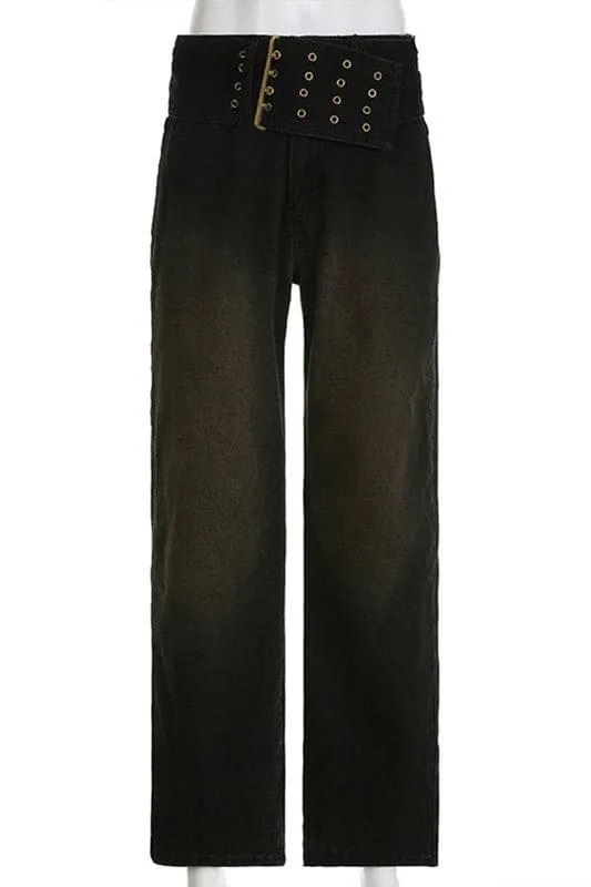 PZ817 Low Waist Big Belt Jeans