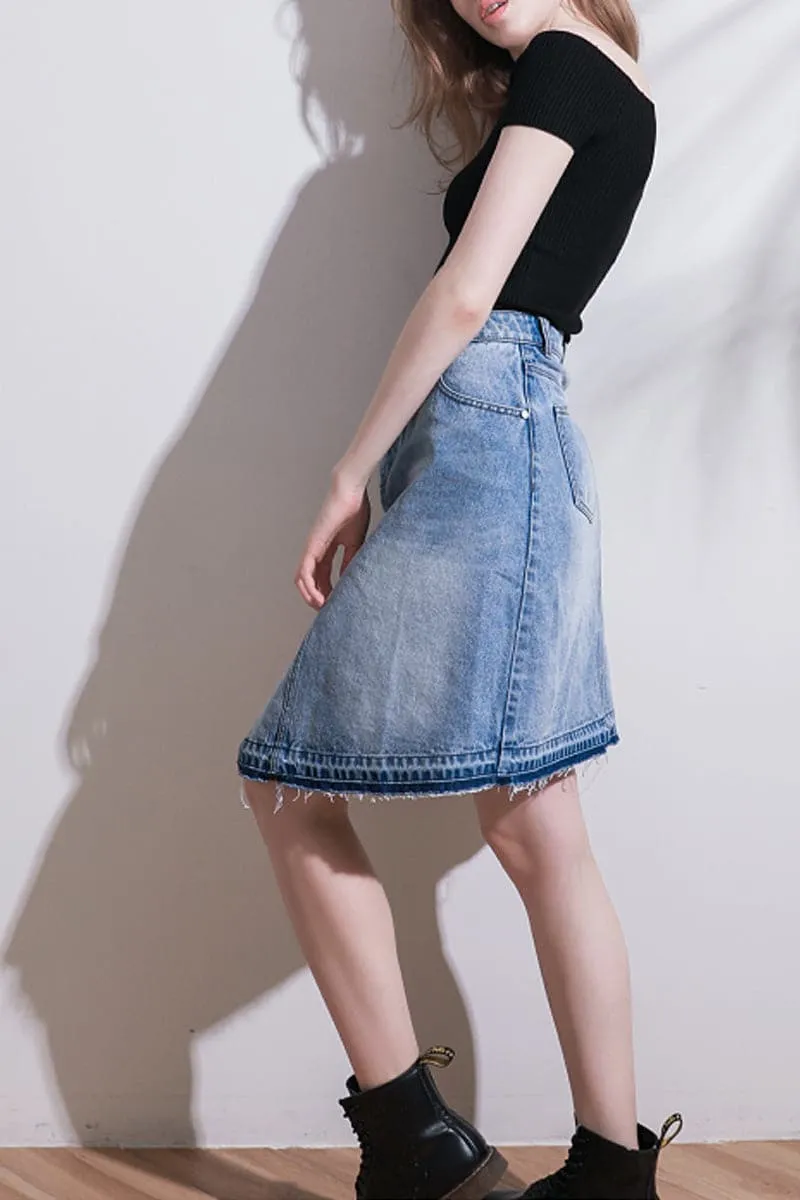 QC662 Shredded Uneven Hem Denim Skirt