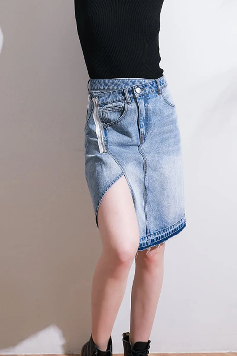 QC662 Shredded Uneven Hem Denim Skirt