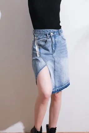 QC662 Shredded Uneven Hem Denim Skirt