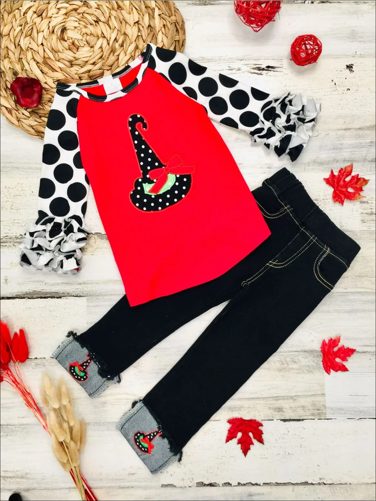 Raglan Ruffle Cuff Top and Applique Cuffed Jeans Set
