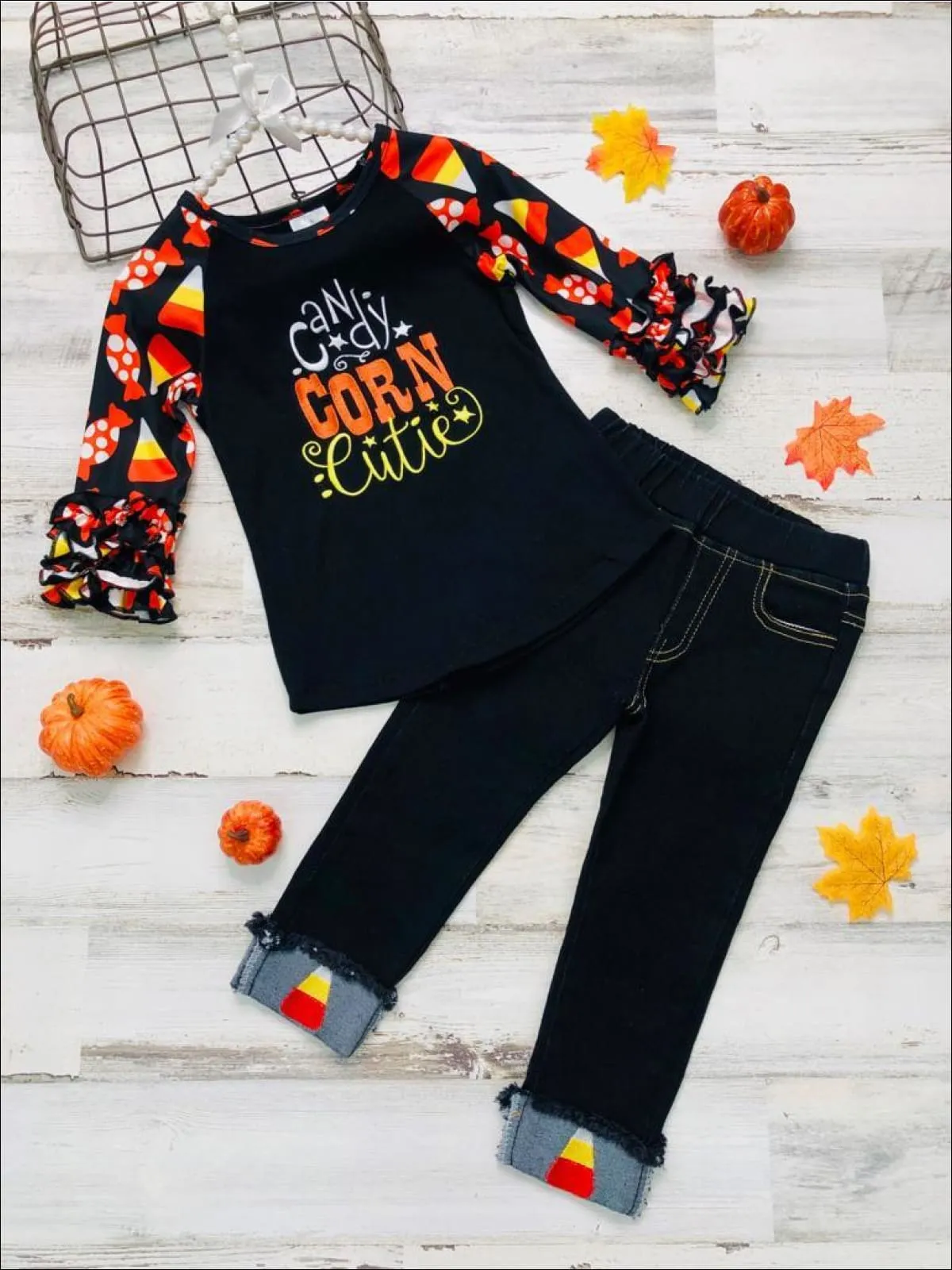 Raglan Ruffle Cuff Top and Applique Cuffed Jeans Set