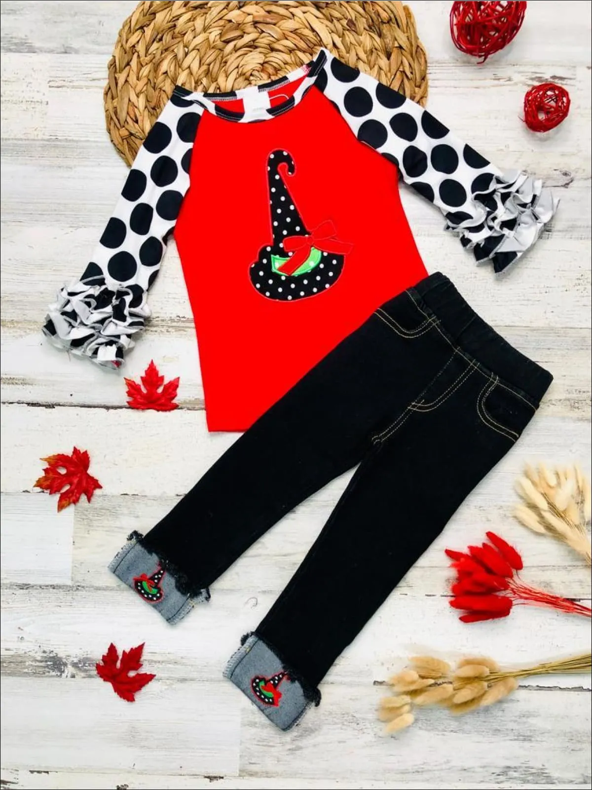 Raglan Ruffle Cuff Top and Applique Cuffed Jeans Set