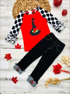 Raglan Ruffle Cuff Top and Applique Cuffed Jeans Set