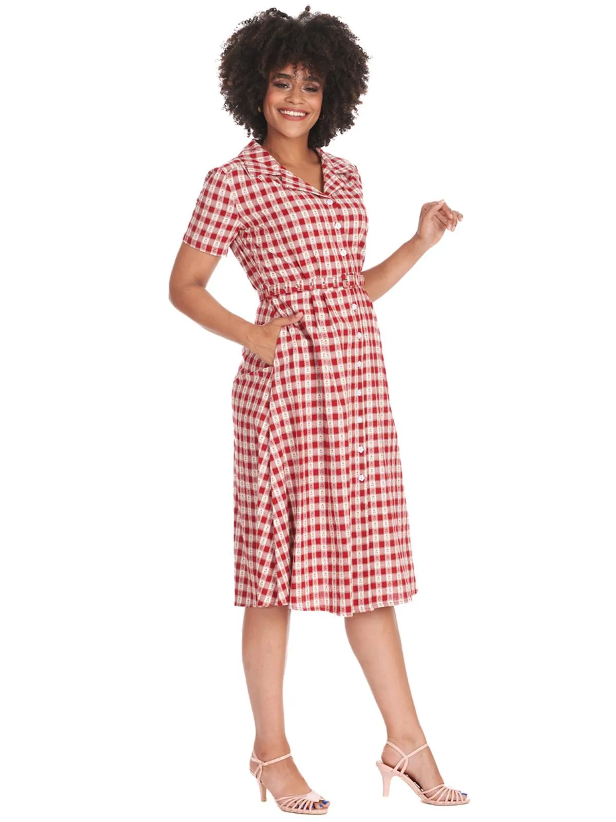 Red Cherry Gingham Vintage Style Shirt Dress