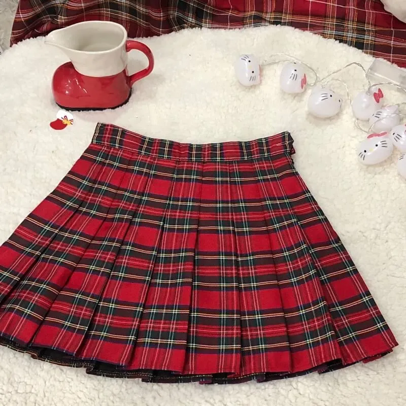 Red plaid pleated skirt