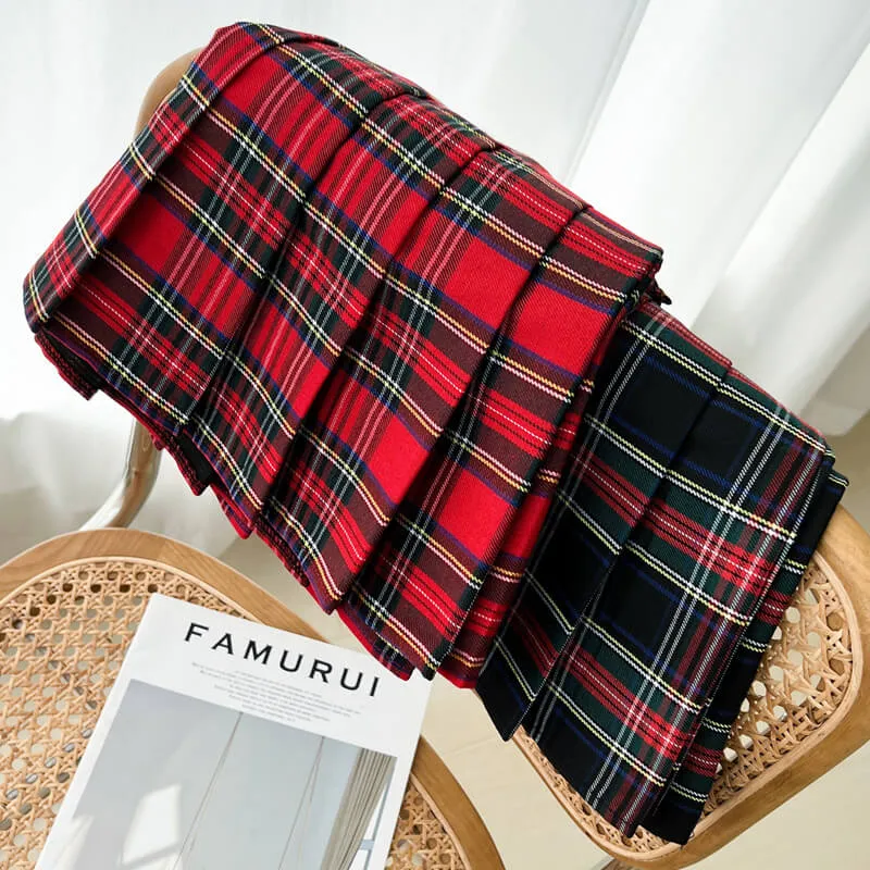 Red plaid pleated skirt