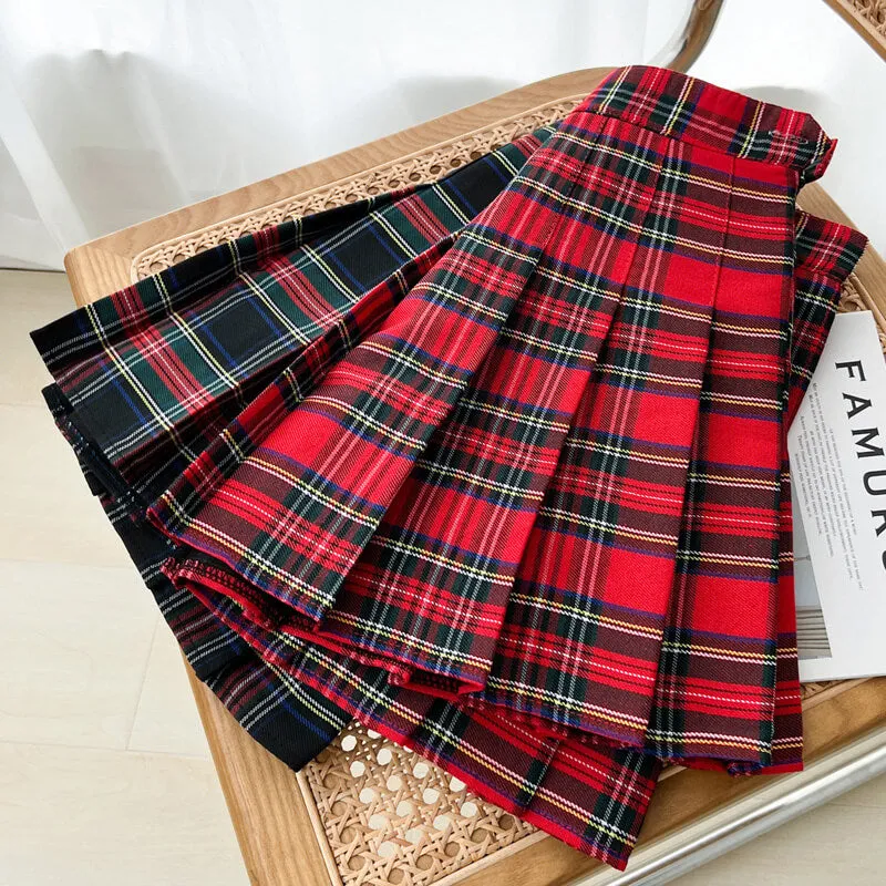 Red plaid pleated skirt