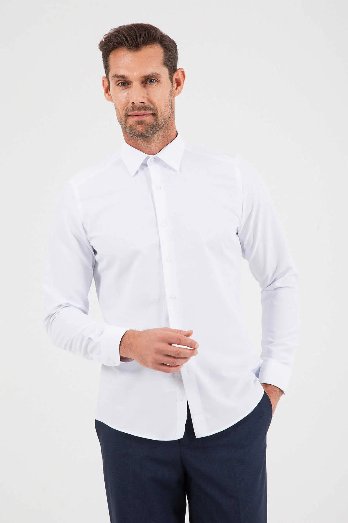 Slim Fit Cotton Blend White Dress Shirt