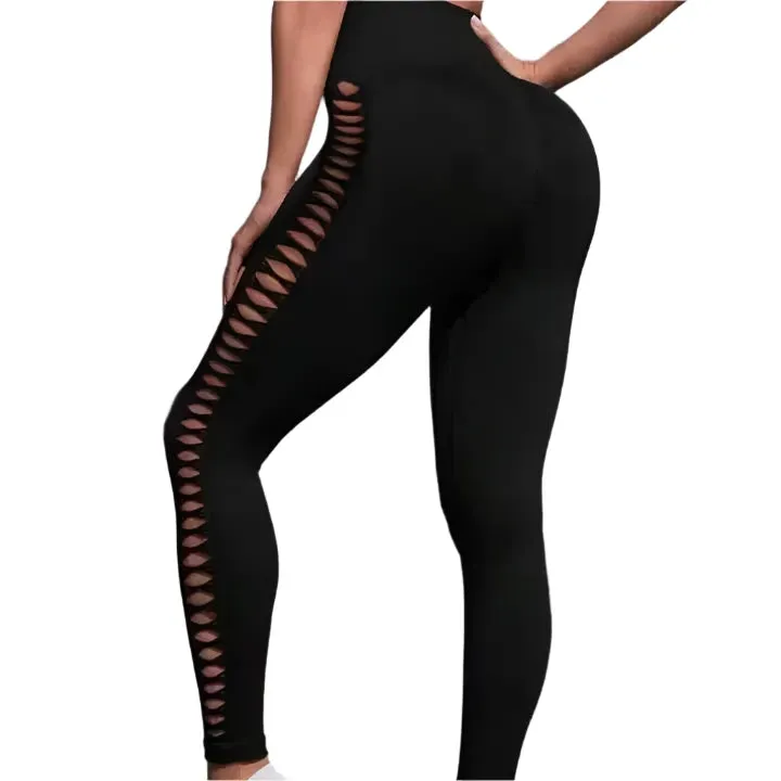 Solid Color High-Waist Yoga Pants – Hip Lift Seamless Fitness Leggings with Side Hollow Design