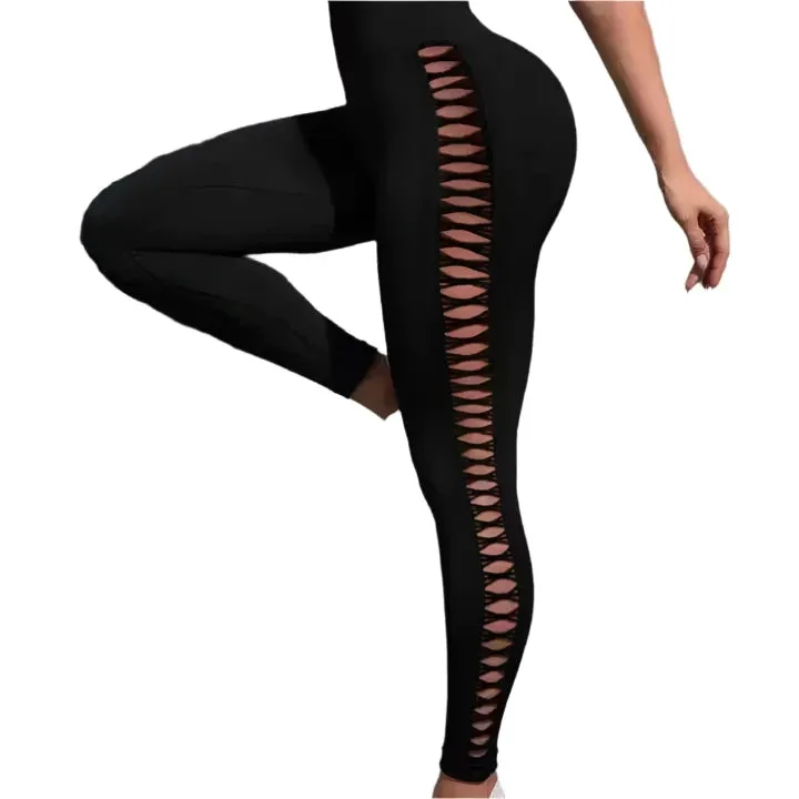 Solid Color High-Waist Yoga Pants – Hip Lift Seamless Fitness Leggings with Side Hollow Design