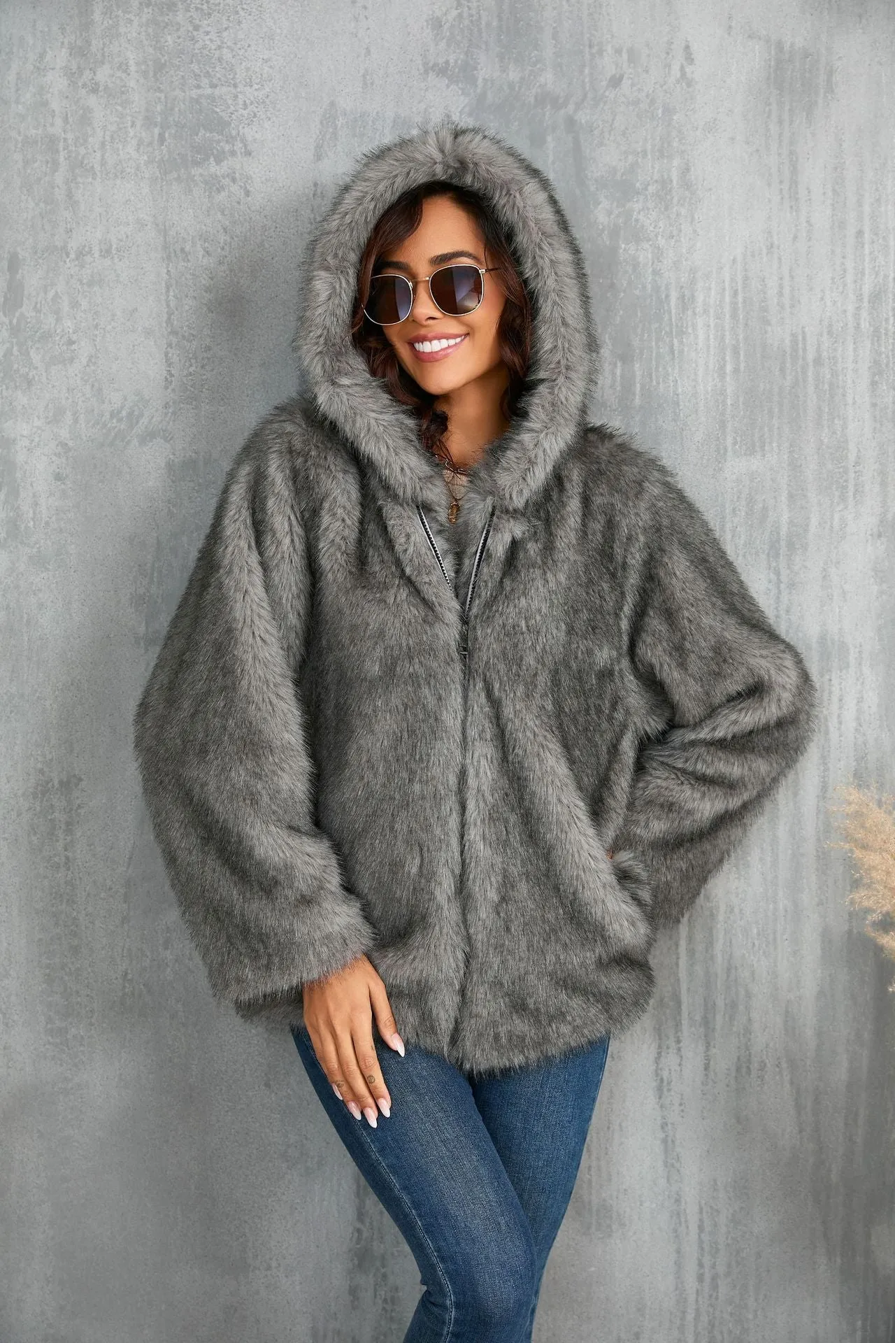 Solid Color Loose Hooded Short Fur Collar Coat