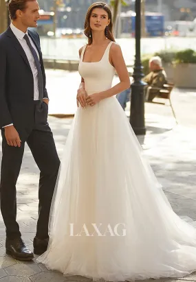 Square-Neck Straps Sleeveless Pleated Bride Gowns Off-Shoulder Tulle A-Line Wedding Dress with Train