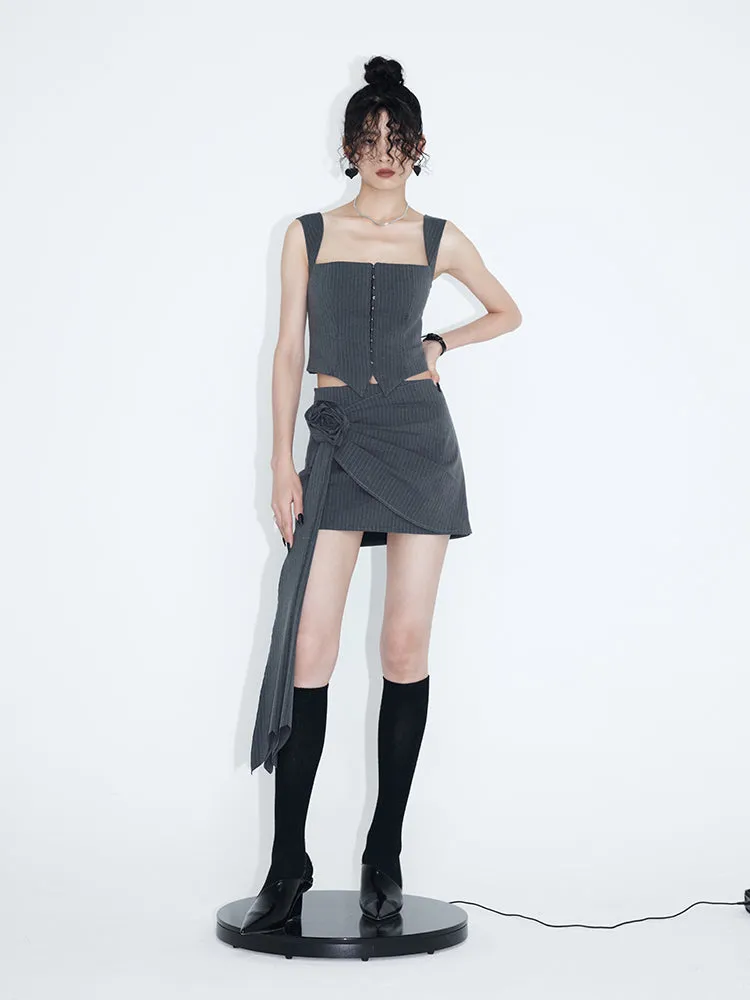 Striped Camisole & Detachable Floral Pleated Skirt