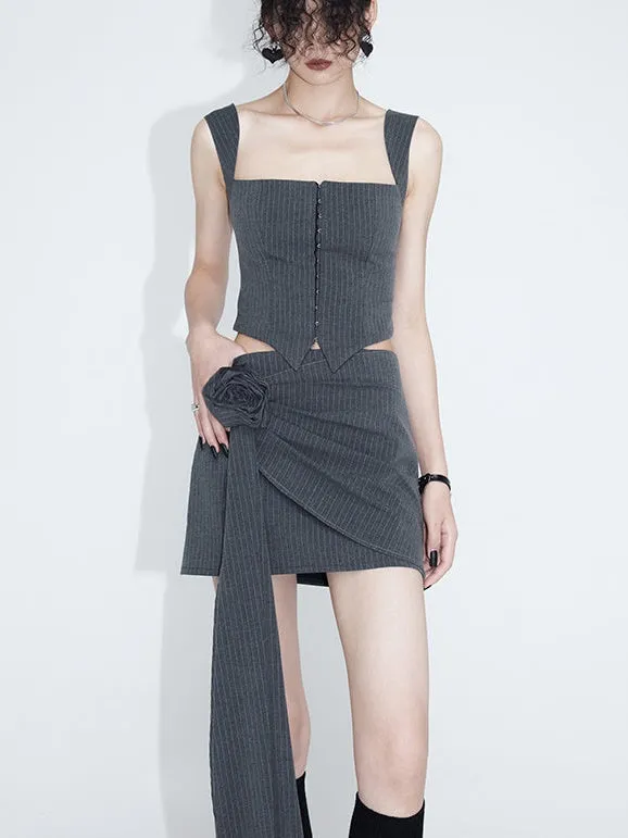 Striped Camisole & Detachable Floral Pleated Skirt