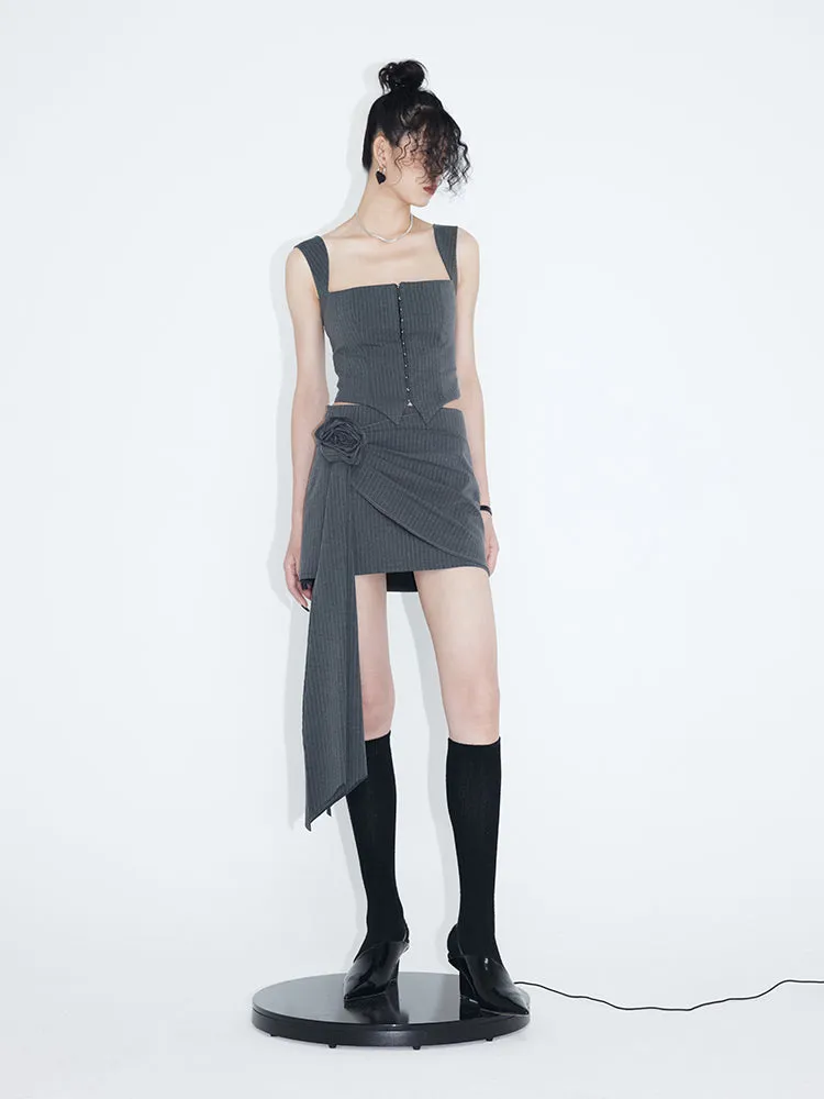 Striped Camisole & Detachable Floral Pleated Skirt