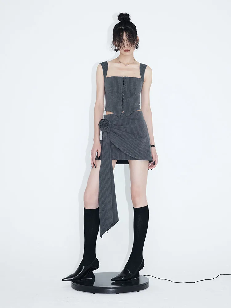 Striped Camisole & Detachable Floral Pleated Skirt